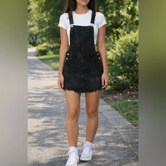 Women's Black Denim Overall Dress - Picture 1 of 7